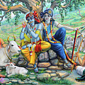 Krishna and Balaram with friends on Govardhan hill